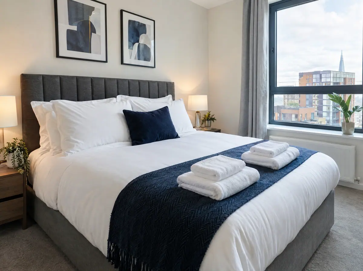 Guest-ready short-let bedroom with crisp white bedding and folded towels