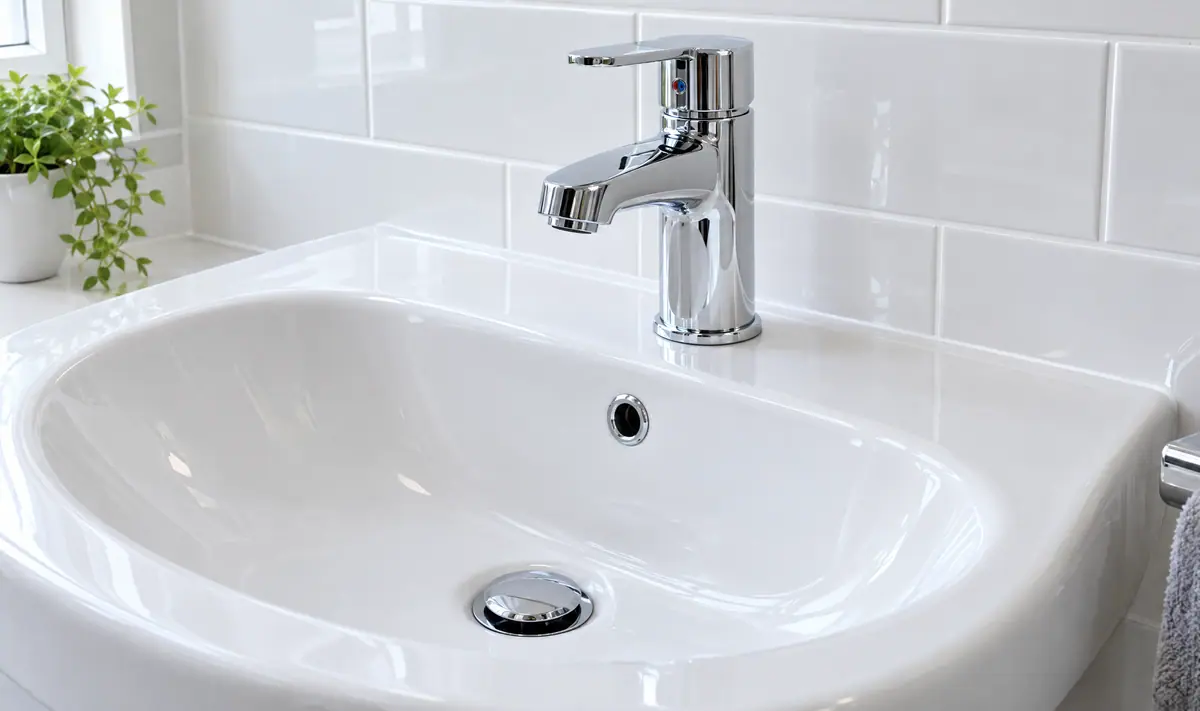 After professional cleaning: bathroom basin and tap