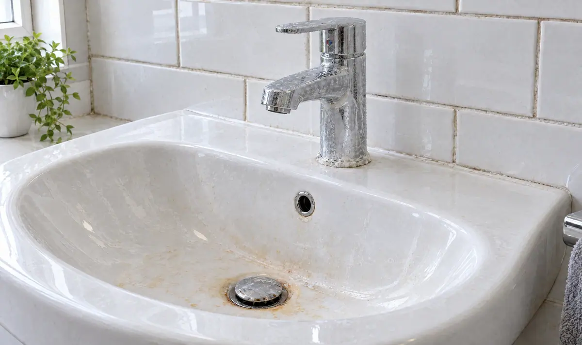 Before cleaning: bathroom basin and tap