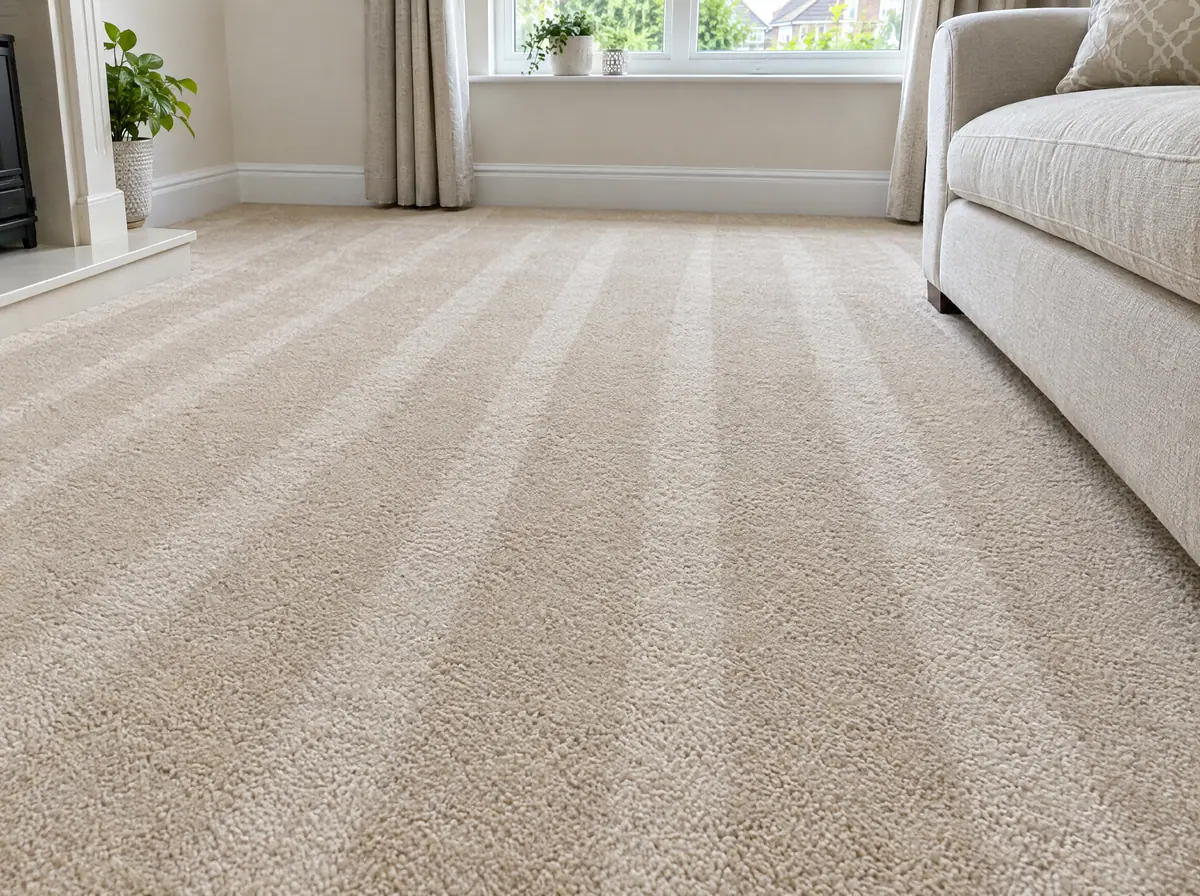 Freshly extracted beige carpet with neat cleaning lines in a bright living room