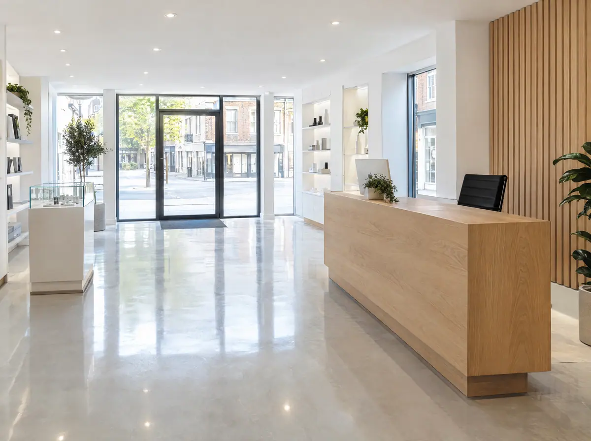 Clean, bright commercial reception and showroom with polished floor