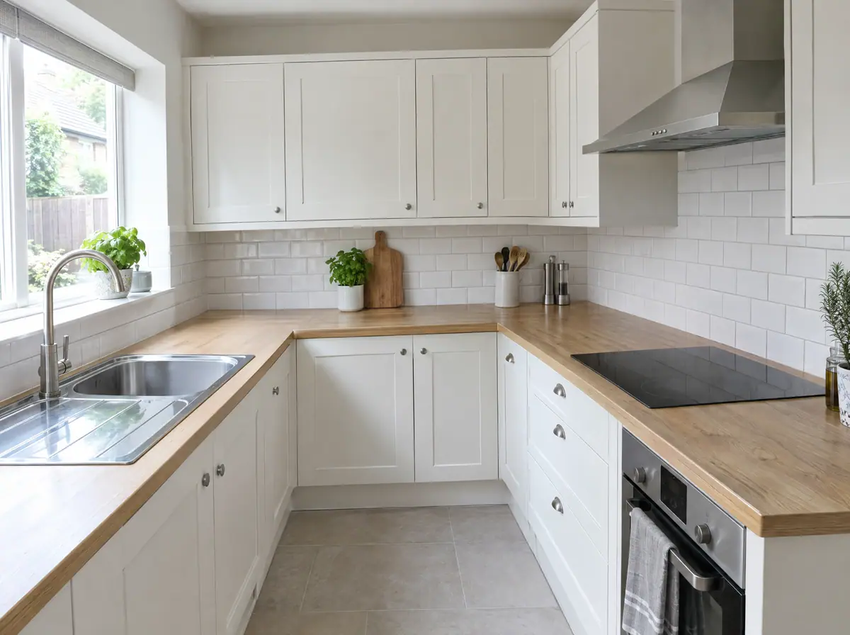 Gleaming clean white kitchen with polished tap, hob and oak worktops