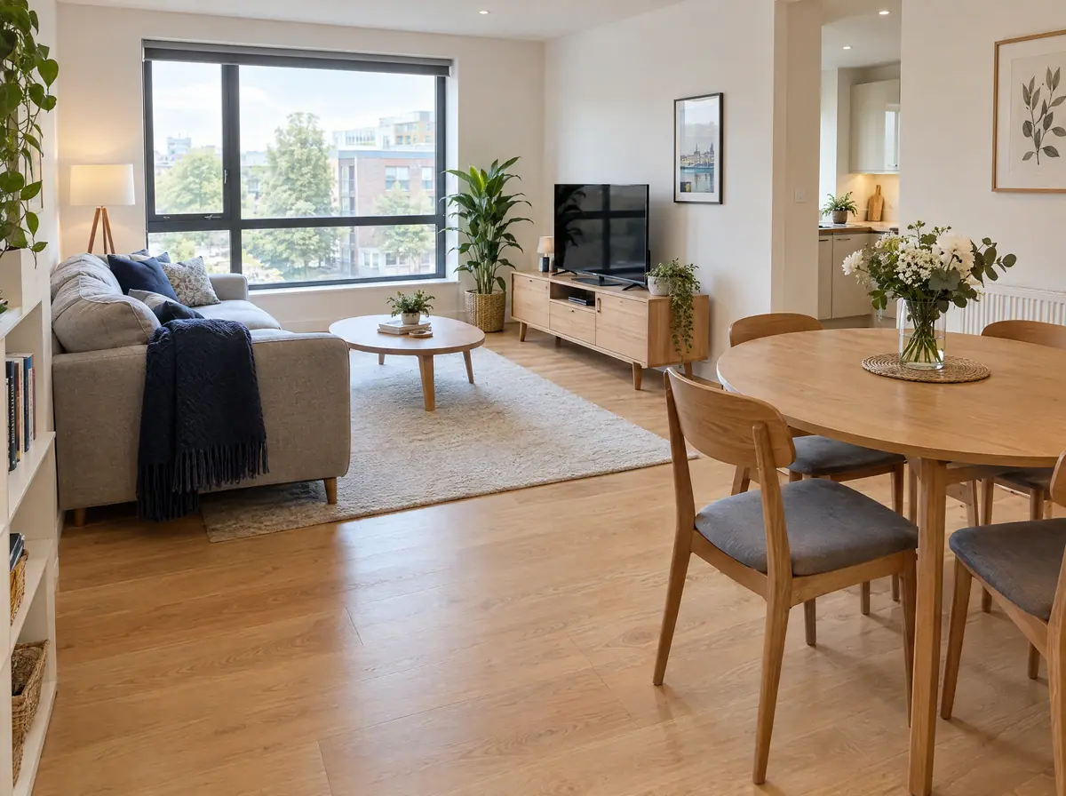 Bright, tidy open-plan apartment living and dining area