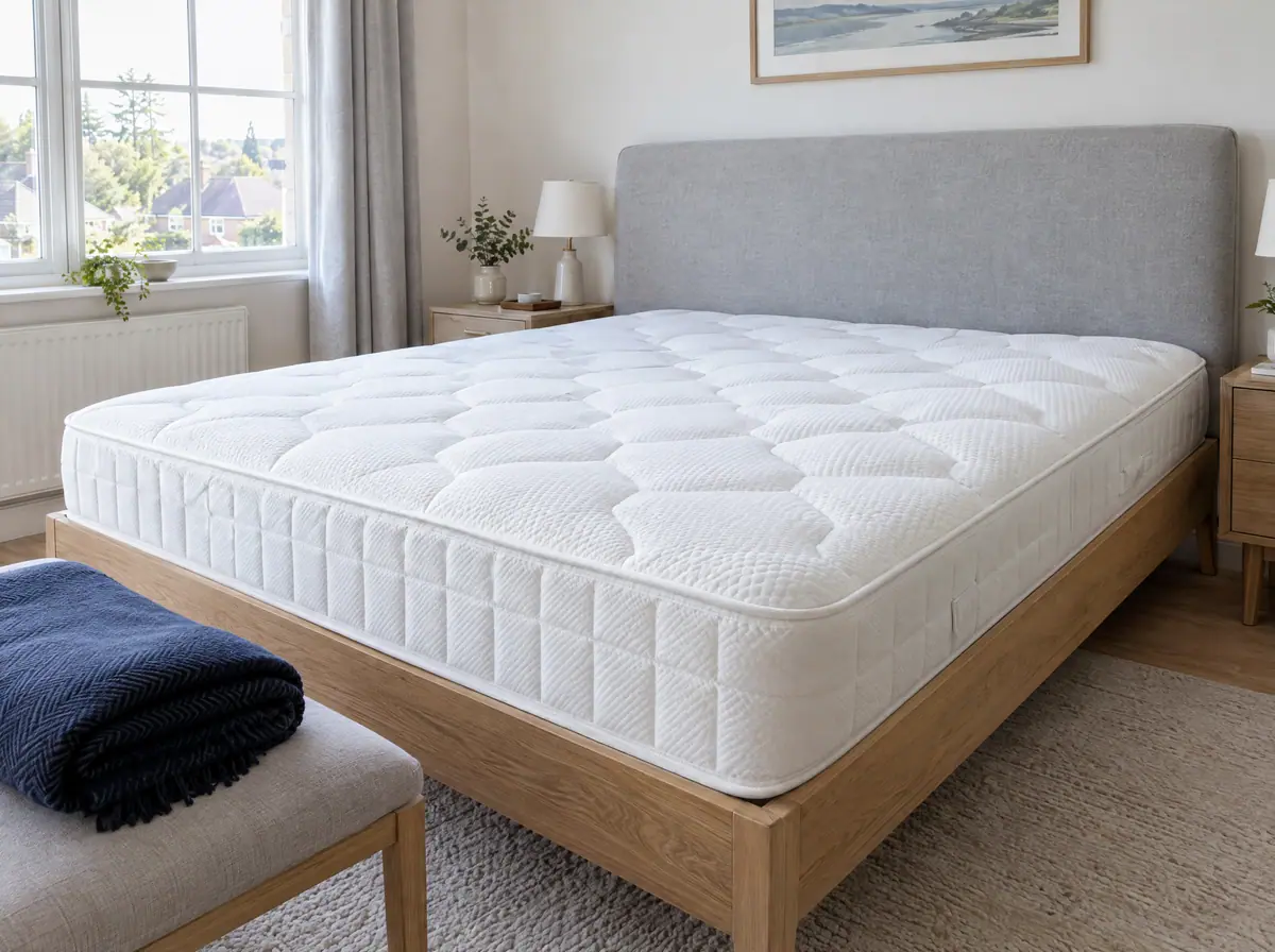 Freshly cleaned white mattress on an oak bed frame in a bright bedroom