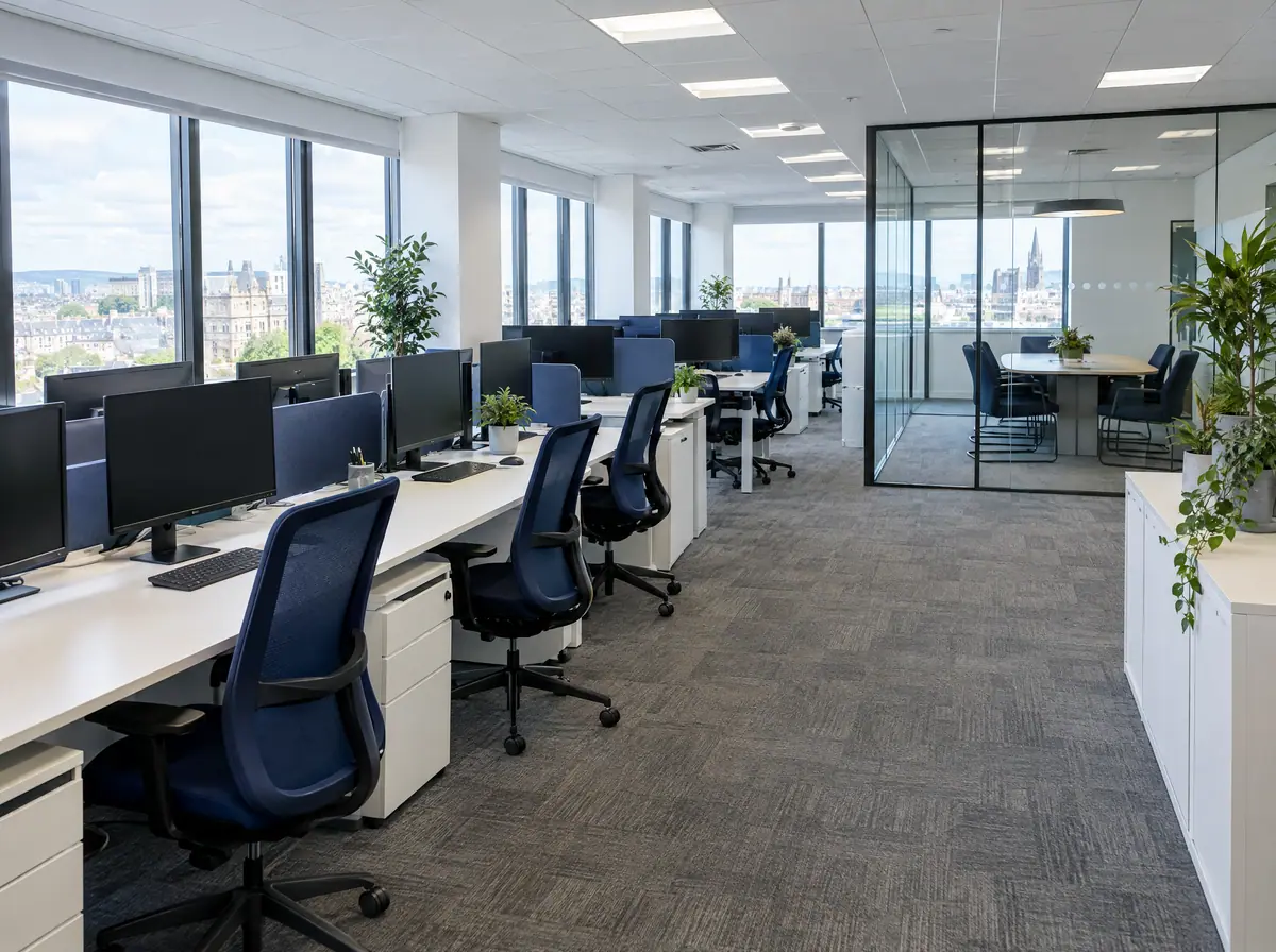 Clean modern open-plan office with tidy desks and navy chairs